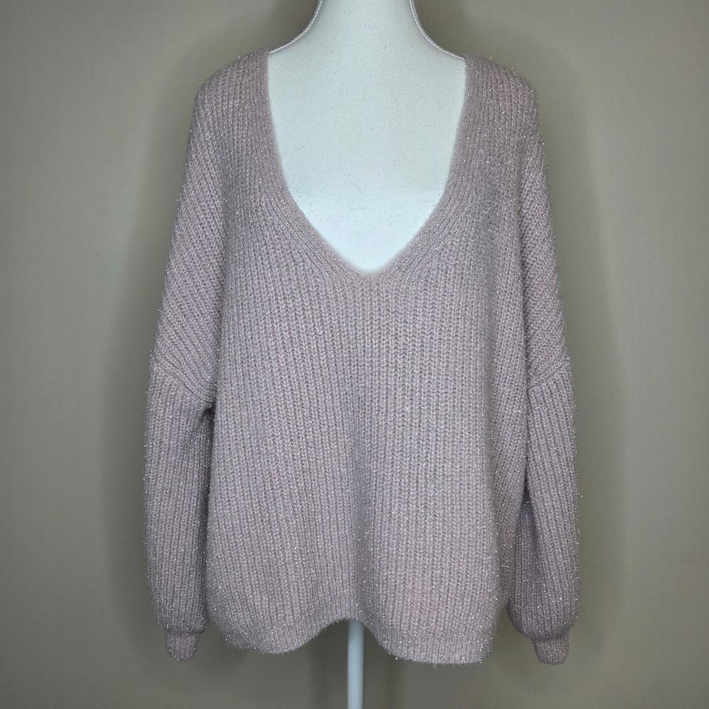 Boden Metallic Shimmer V-Neck Oversized Sweater Purple Wool Blend US‎ 14